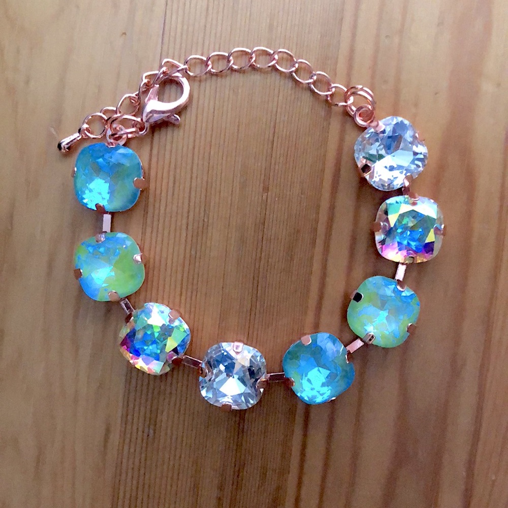 Aquamarine + Peridot AB Cushion Rose Gold Crystal Tennis Bracelet - Picture 1 of 11